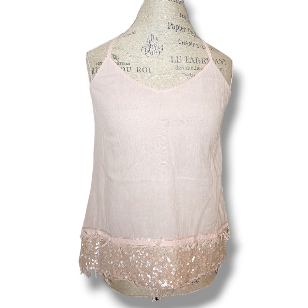Ecru Pale Pink Sequin & Fringed Hemline Racerback Tank Top - Size Small